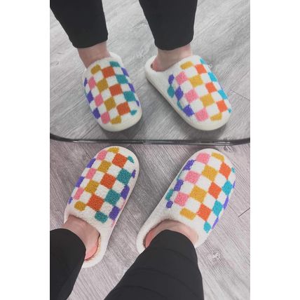 White Vibrant Checkered Plush Thermal Slippers