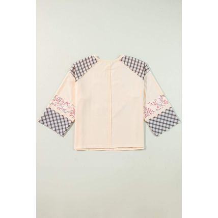 Beige Plaid Floral Peace Heart Graphic Wide Long Sleeve Top