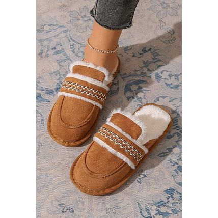 Chestnut Suede Wavy Striped Plush Lined Slippers (Run Small, Size Up)