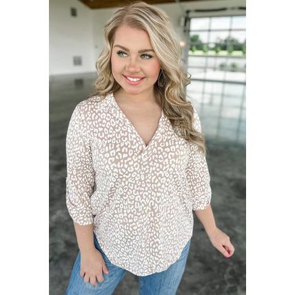 Apricot Leopard Tab Sleeve V Neck Plus Size Top