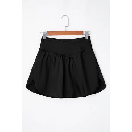 Black Solid Pocketed Crossover High Waist Swim Skort