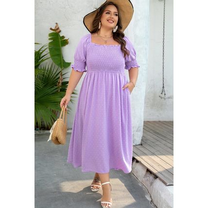 Wisteria Swiss Dot Smocked Frilled Neckline Short Sleeve Plus Size Dress