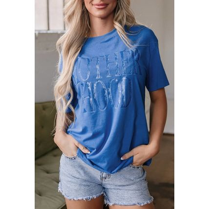Sky Blue Vintage MOTHERHOOD Letter Graphic T Shirt