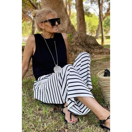 White Drawstring Striped Wide Leg Pants