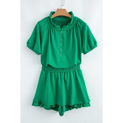 Sea Green Half Zip Puff Sleeve Top and Ruffled Shorts Set