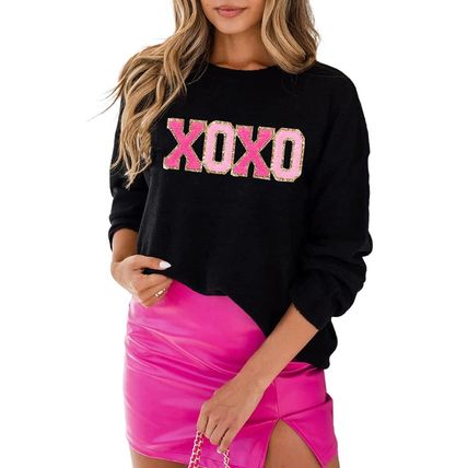 Black XOXO Glitter Print Round Neck Casual Sweater