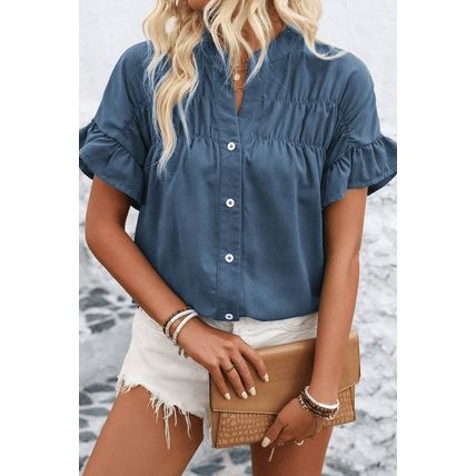 Real Teal Solid Color Ruffle Ruched Short Sleeve Buttoned Shirt
