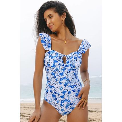 Blue Floral Ruffled Strap Lace-up Hollow Out One Piece Swimsuit