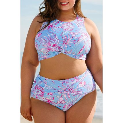 Sky Blue Plus Size Floral Print Twisted High Waist Bikini Set
