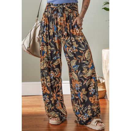 Multicolour Floral Shirred High Waist Wide Leg Pants with Tie