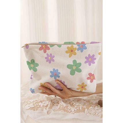 White Flower Print Rib Textured Large Cosmetic Bag