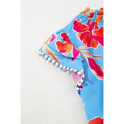 Sky Blue Floral Print V Neck Pompom Trim Flutter Sleeve Blouse