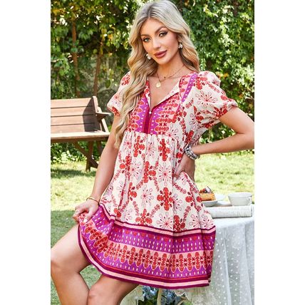 Rose Boho Floral Short Sleeve Lace-up V Neck Mini Dress
