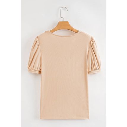 Pale Chestnut Crochet Floral V Neck Textured Short Sleeve Blouse