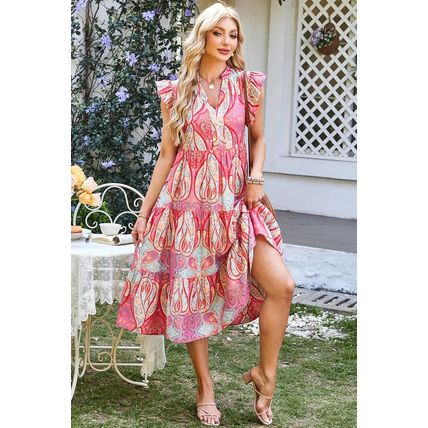 Rose Tribal Paisley Print Ruffled Sleeve Notch Neck Midi Dress