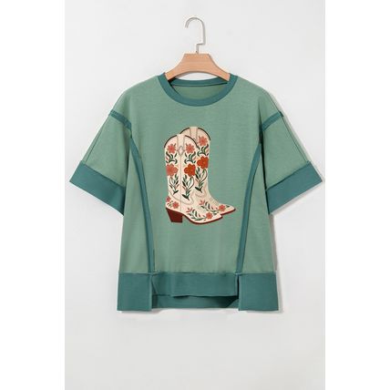 Smoke Green Floral Boots Printed Raw Seam Mix Texture Patchwork Tee