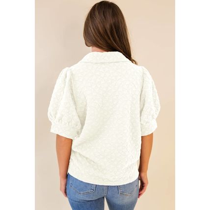 White Textured Puff Half Sleeve Collared V Neck Top