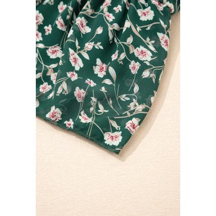 Green Smocked Square Neck Puff Short Sleeve Floral Dress