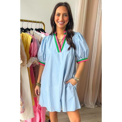 Myosotis Contrast Striped Notched V Neck Puff Sleeve Mini Dress
