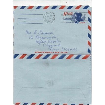 United States 1966 11c Aerogramme Philadelphia-Plymouth UK written VGC
