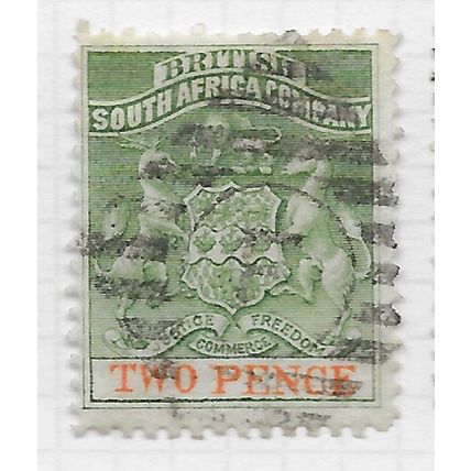 BSAC 1892 SOUTH AFRICA COMPANY ARMS TWO PENCE 2d SG20 F BARRED VICTORIA POSTMARK