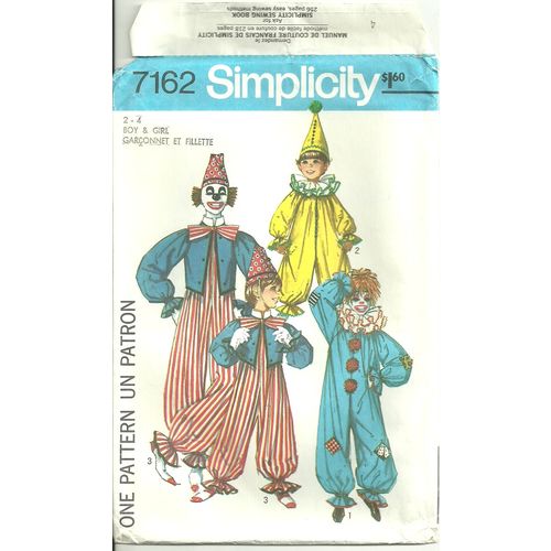 Simplicity 7162 Sewing Pattern Boy Girl Clown Costume Size 2-4 Used No Hat