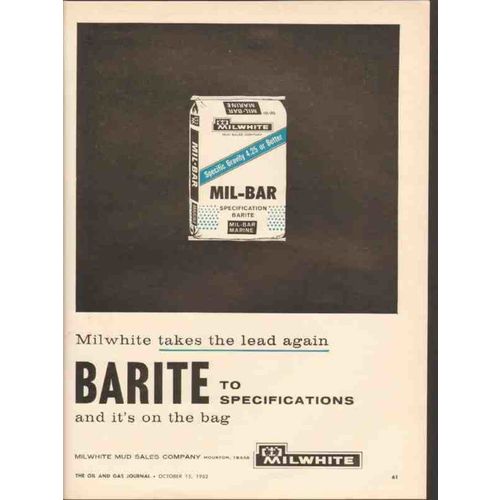 MILWHITE MUD SALES COMPANY 1962 Barite Specifications oil vintage ad