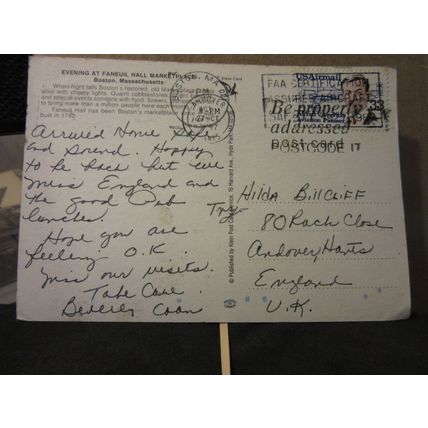 FANEUIL HALL, MARKETPLACE, BOSTON, MASSACHUSETTS USA used postcard 1987 pm =