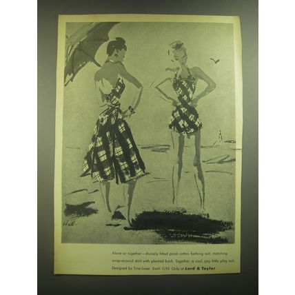 1945 Lord & Taylor Tina Leser Bathing Suit and Skirt Ad - art by Helen Hall