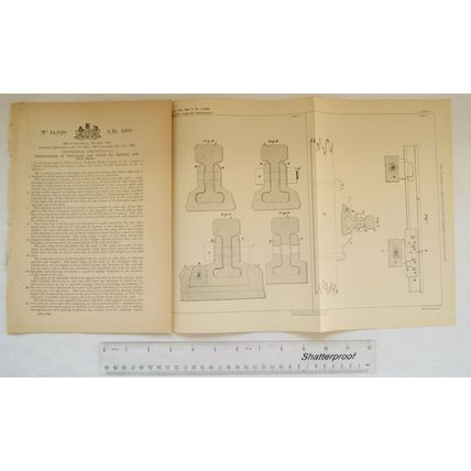 1891 Patent No. 14,928 fish-plates & chairs for railway, Chas. Phillips, Chester