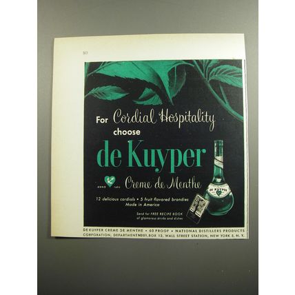 1951 de Kuyper Crme de Menthe Ad - For Cordial Hospitality choose de Kuyper