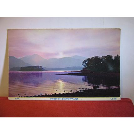 SUNSET, DERWENTWATER. KESWICK used vintage postcard by H Webster 1966 pm =