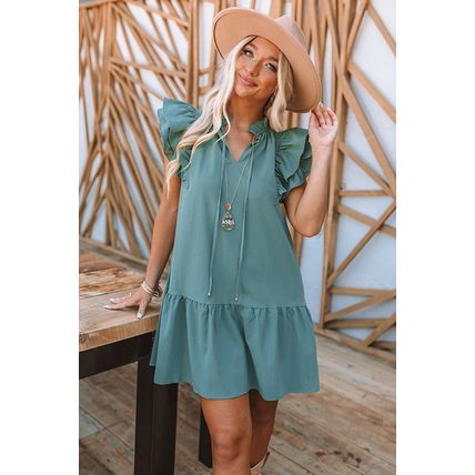 Green Tiered Ruffled Sleeves Mini Dress with Pockets