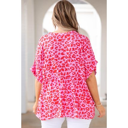Rose Leopard Print V Neck Half Sleeve Plus Size Blouse