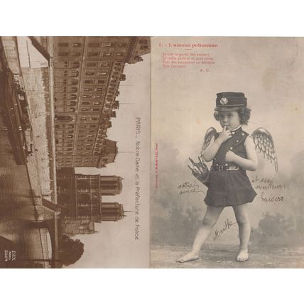 French Child Policeman Police Station 2x Old Paris France Old Postcard