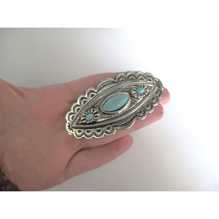 Blue stone silver tone metal western native tribal hair clip barrette