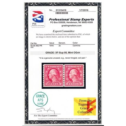 492, Mint NH XF/Superb 2¢ Coil Pair - PSE Graded 95 * Stuart Katz