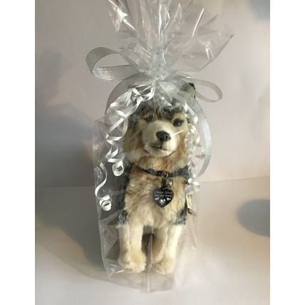 Toy Grey Wolf, not gift wrapped, with engraved tag, gift wrapped with tag