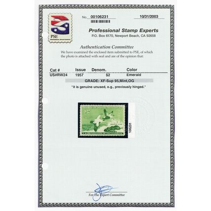 RW24, Mint XF/Superb LH $5 Duck Stamp - PSE Graded 95 * Stuart Katz