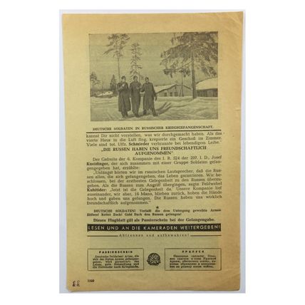 Original WW2 Russian/Soviet Air Drop Leaflet. - Code 1099. - 1942.