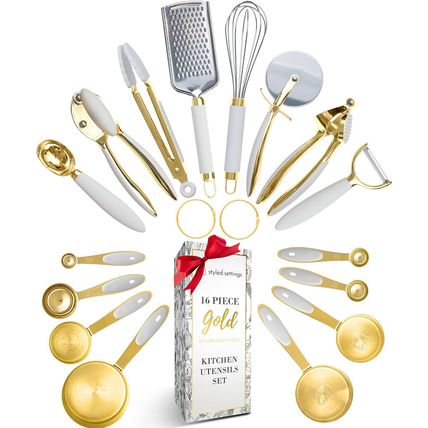 Styled Settings White and Gold Kitchen Utensils Set – 16-Piece Silicone Cooking