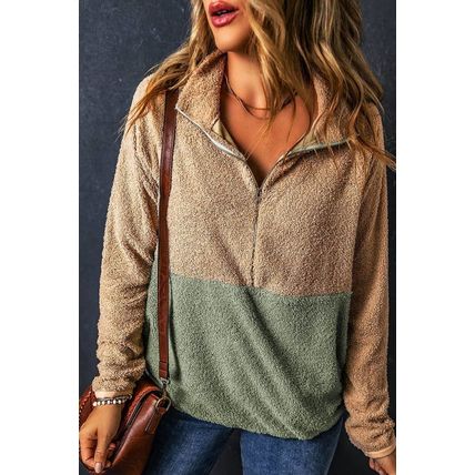 Smoke Gray Two Tones Color Block Half Zip Fleece Sweatshirt