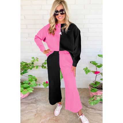 Multicolor Contrast Color Block Textured Casual 2pcs Outfit