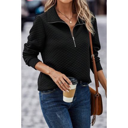 Black Solid Half Zipper Quilted Pullover Sweatshirt