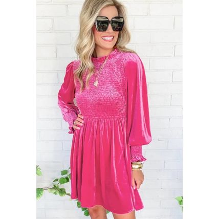 Rose Frilled Neck Smocked Bodice Velvet Dress