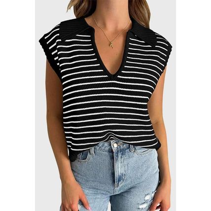 Black Stripe Turn-down V Neck Sweater Tank Top
