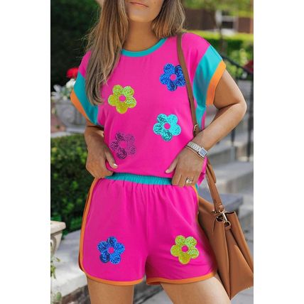 Rose Red Sequined Flower Graphic Colorblock 2 Piece Shorts Set