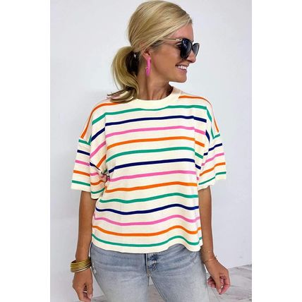 Beige Stripe Dropped Short Sleeve Boxy Fit Knitted Top