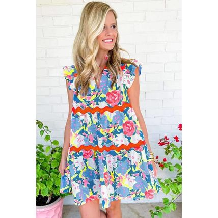 Sky Blue Floral Printed V Notched Ric Rac Flutter Sleeve Dress
