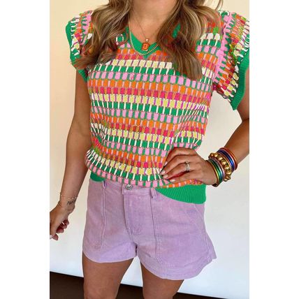 Green Multi Flutter Sleeve Knitted Sweater Top